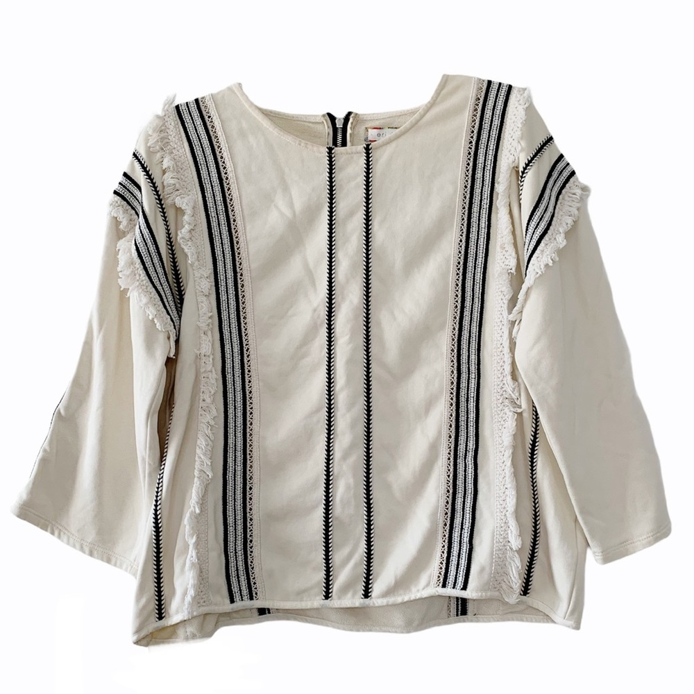 Anthropologie Eri + Ali Santillana Boxy Fringe Embroidered Top Flare Sleeve LG